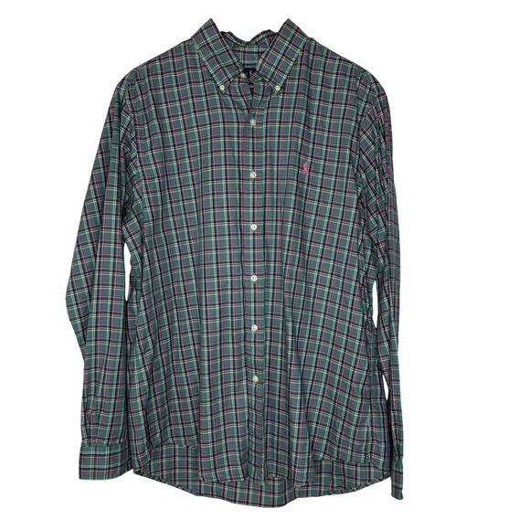 Ralph Lauren Plaid Button Down Shirt Green Pink Large Classic Preppy Style - Picture 1 of 7